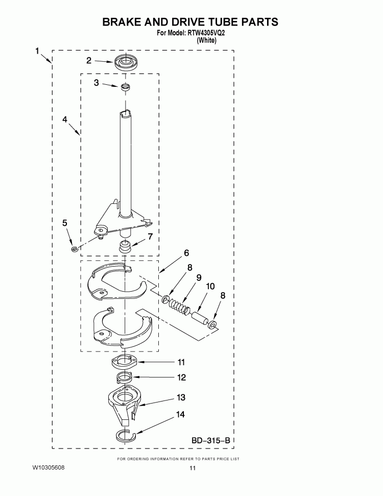 BRAKE AND DRIVE TUBE PARTS Diagram and Parts List for RTW4305VQ2  Roper Washer