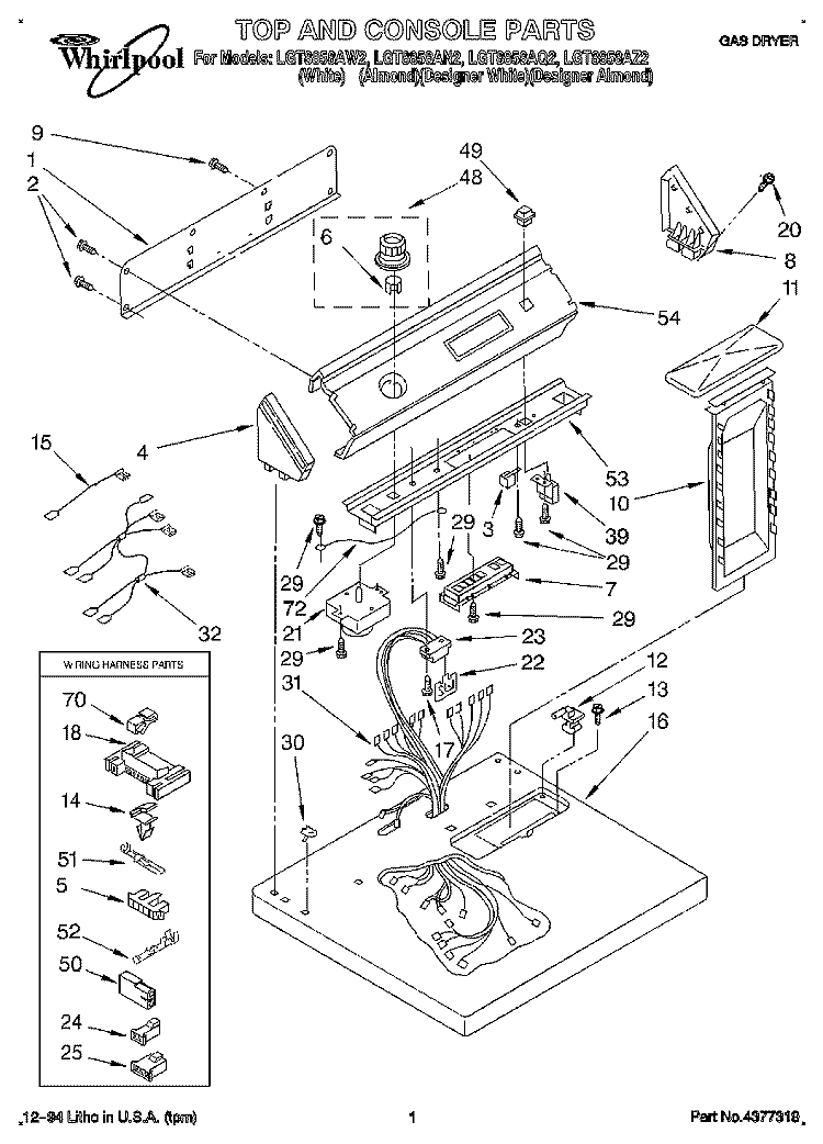 TOP AND CONSOLE, LIT/OPTIONAL Diagram and Parts List for LGT8858AW2  Whirlpool Dryer