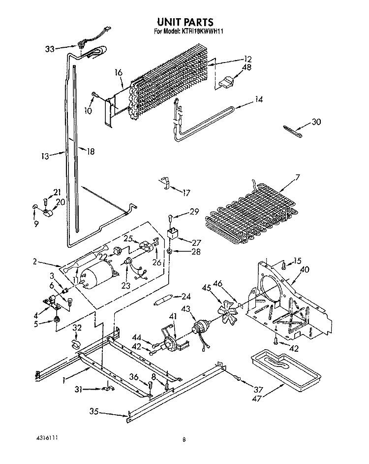 UNIT Diagram and Parts List for KTRI18KWWH11  Whirlpool Refrigerator