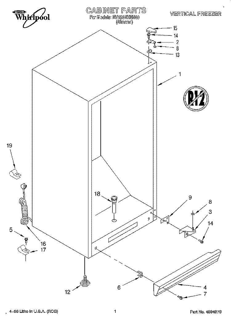 CABINET, LIT/OPTIONAL Diagram and Parts List for EV150NXEN00  Whirlpool Freezer