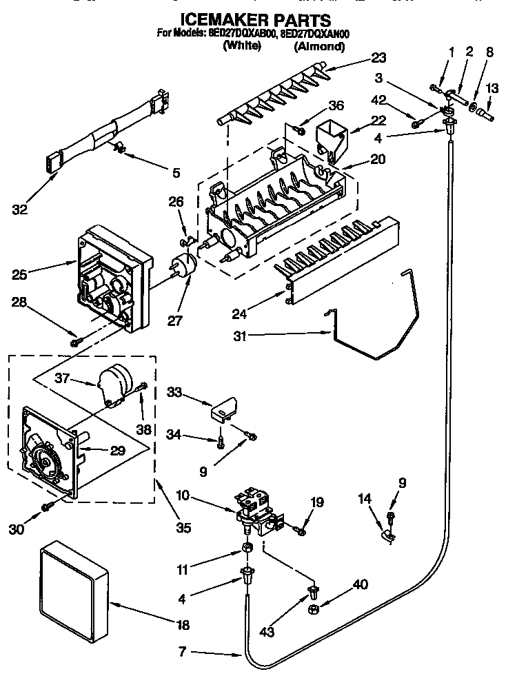 Icemaker Diagram and Parts List for 8ED27DQXAB00  Whirlpool Refrigerator