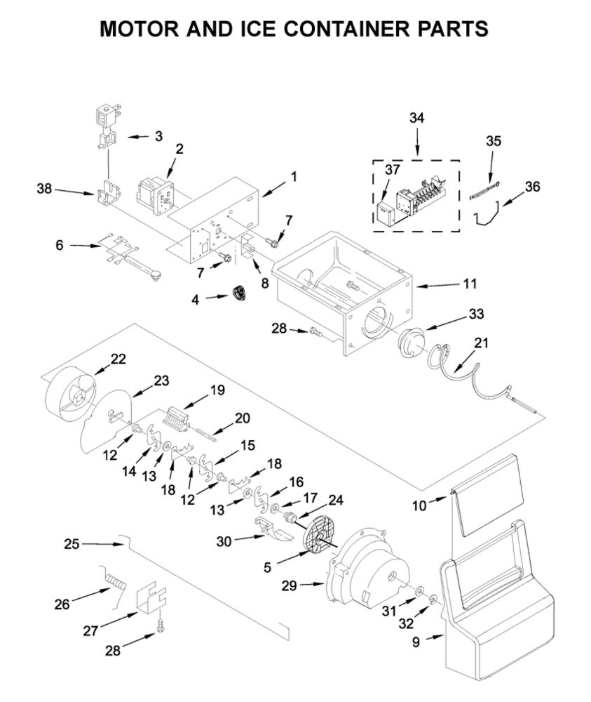 Motor And Ice Container Parts Diagram and Parts List for 10651753713  Kenmore Refrigerator