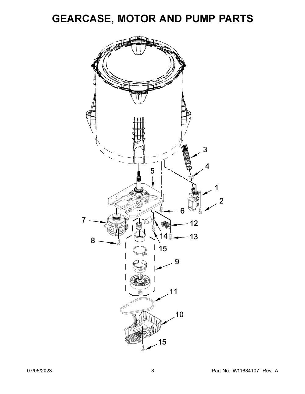 Gearcase, Motor And Pump Parts Diagram and Parts List for WTW4957PW0  Whirlpool Washer