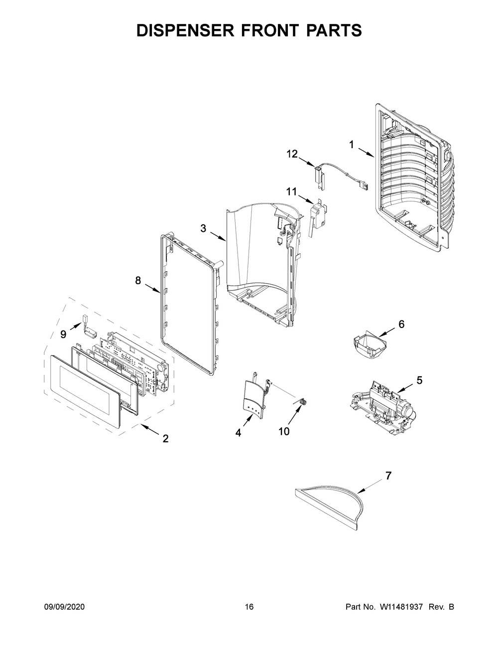 Dispenser Front Parts Diagram and Parts List for KRMF706EBS04  Whirlpool Refrigerator