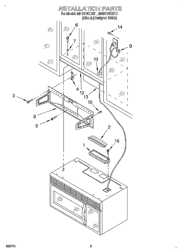 INSTALLATION Diagram and Parts List for MH9115XBQ1  Whirlpool Microwave