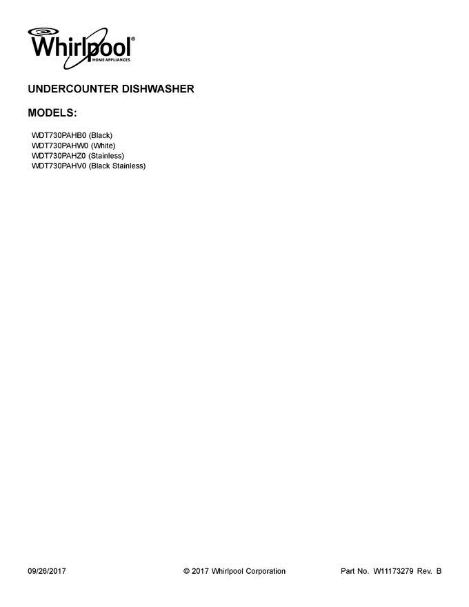 01 - Cover Sheet Diagram and Parts List for WDT730PAHV0  Whirlpool Dishwasher