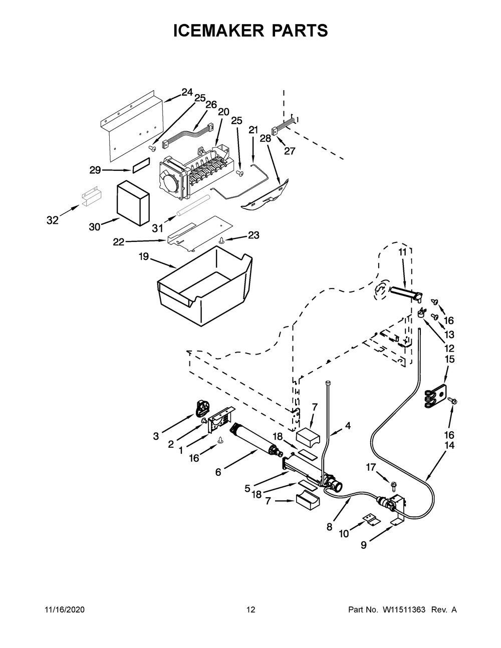 Icemaker Parts Diagram and Parts List for KUDF204EPA01  Whirlpool Wine and Beverage Cooler
