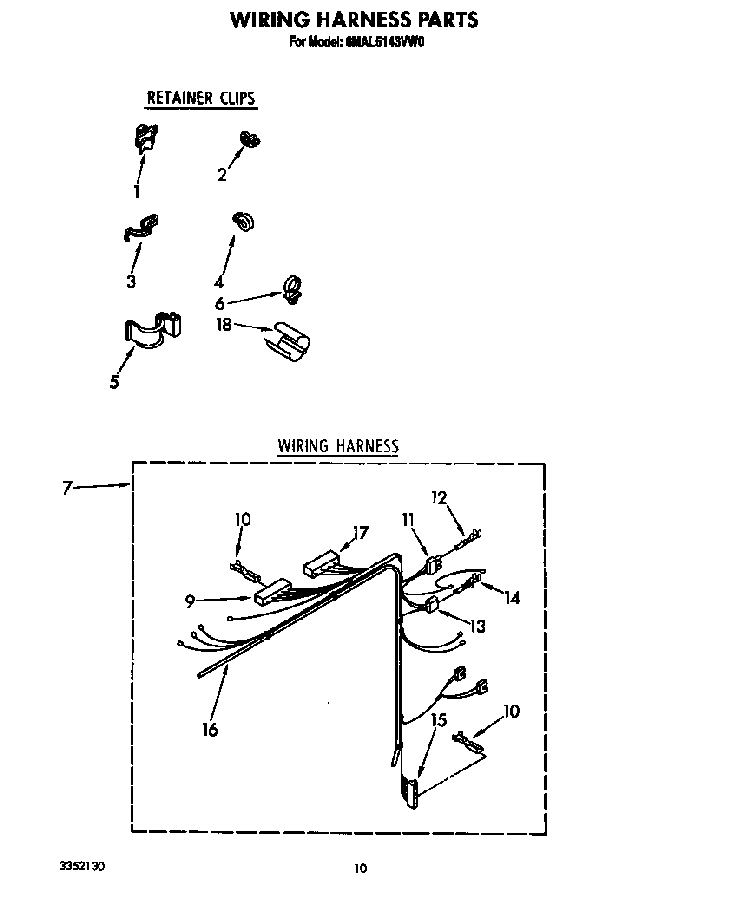 Wiring Harness Diagram and Parts List for 6MAL5143VW0  Whirlpool Washer