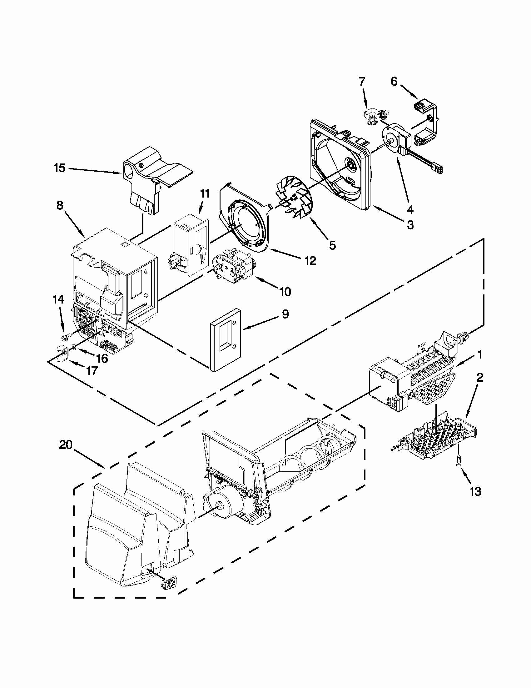 Motor And Ice Container Parts Diagram and Parts List for 59679242016  Kenmore Refrigerator