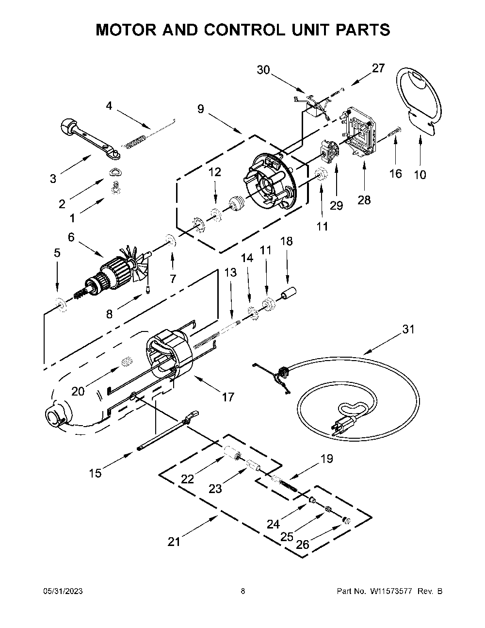 Motor And Control Unit Parts Diagram and Parts List for 7KSM195PSZHI0  KitchenAid Mixer
