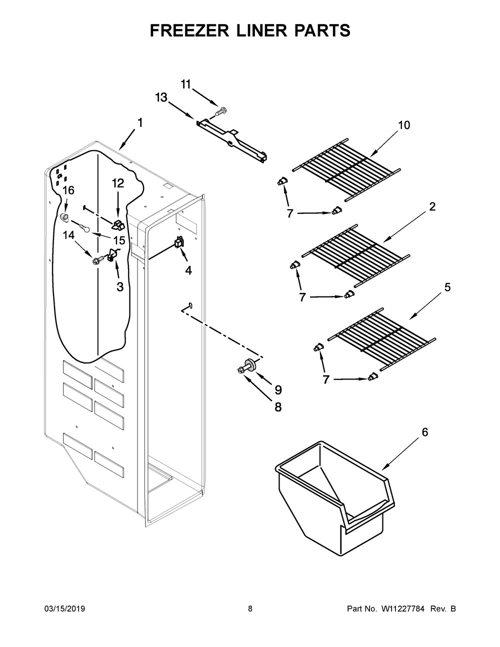 Freezer Liner Parts Diagram and Parts List for WRS331SDHM00  Whirlpool Refrigerator
