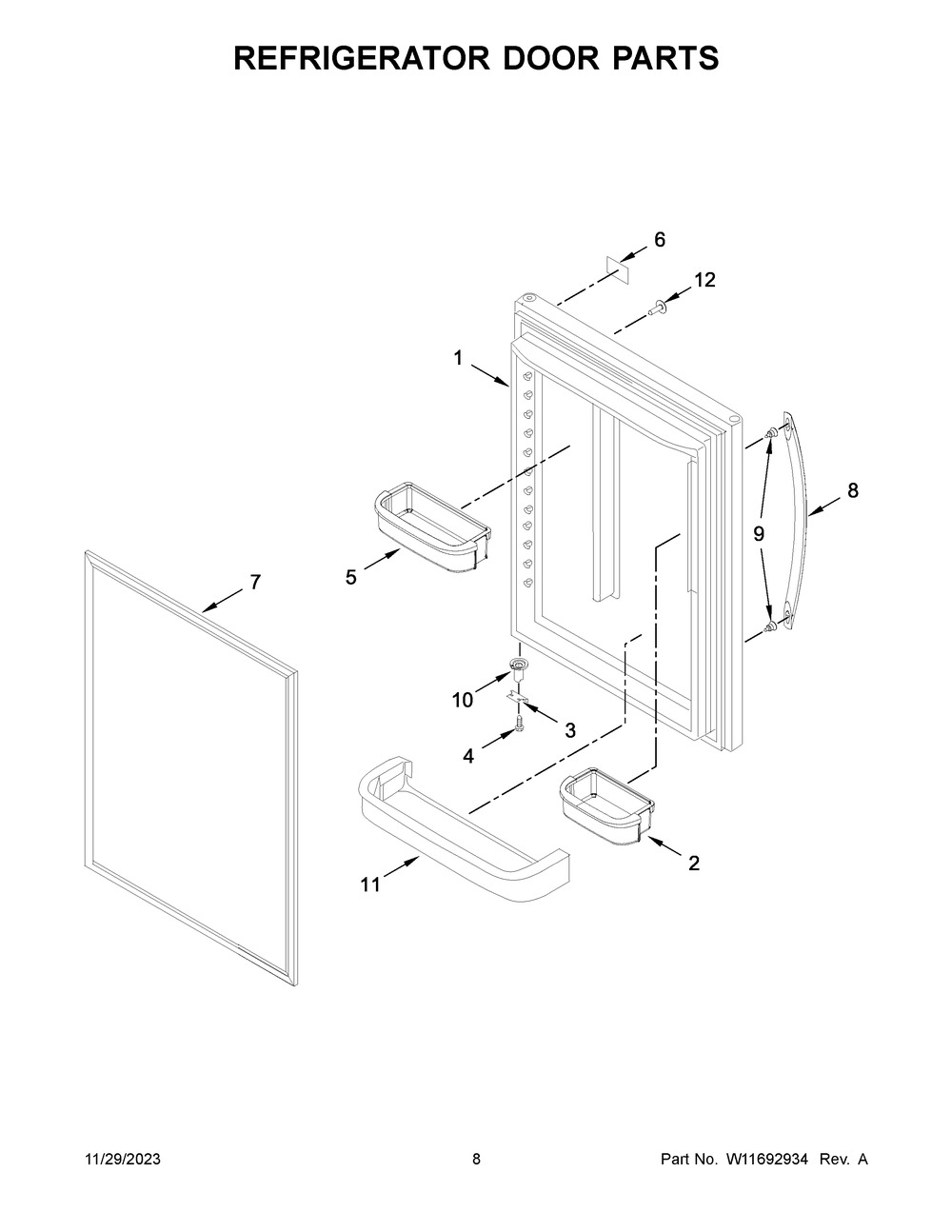 Refrigerator Door Parts Diagram and Parts List for WRB329DMBM05  Whirlpool Refrigerator