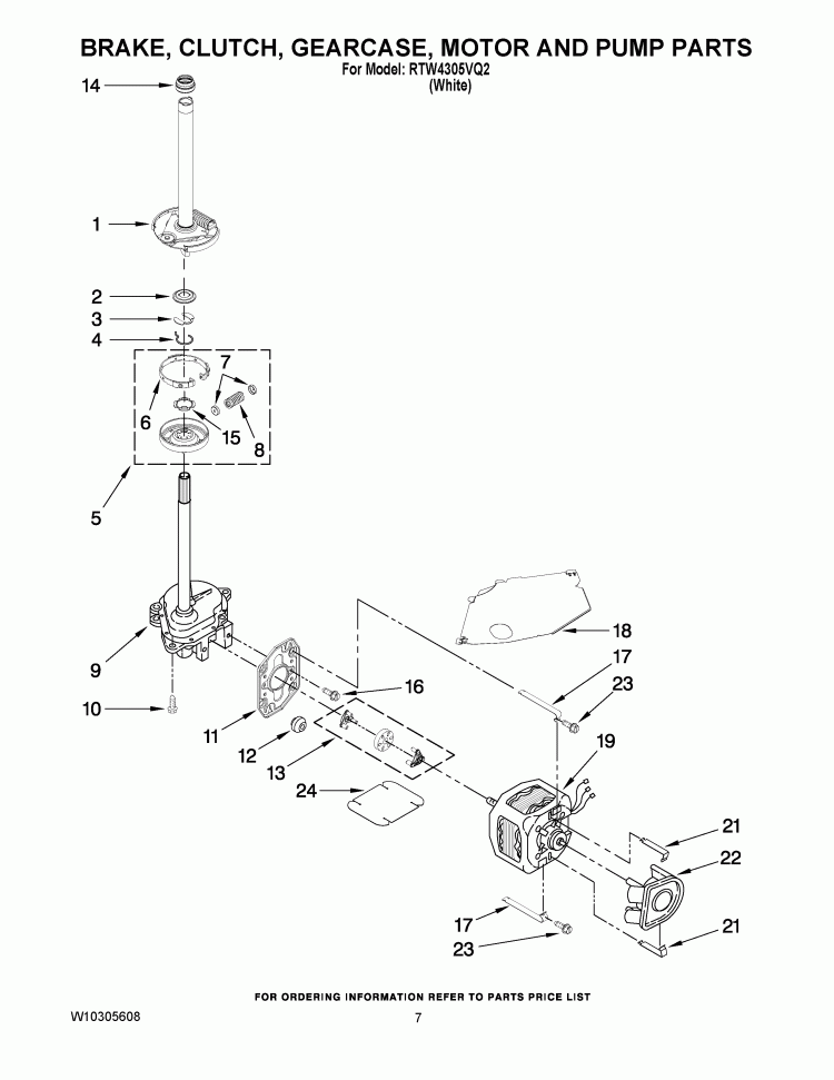 BRAKE, CLUTCH, GEARCASE, MOTOR AND PUMP PARTS Diagram and Parts List for RTW4305VQ2  Roper Washer