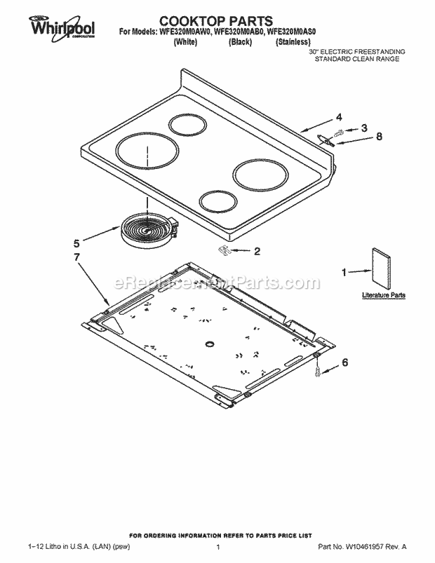 Cooktop Parts Diagram and Parts List for WFE320M0AS0  Whirlpool Range