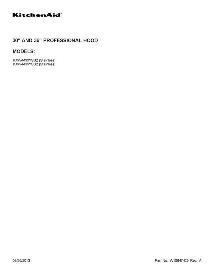 Cover Sheet Diagram and Parts List for KXW4430YSS2  KitchenAid Range Hood