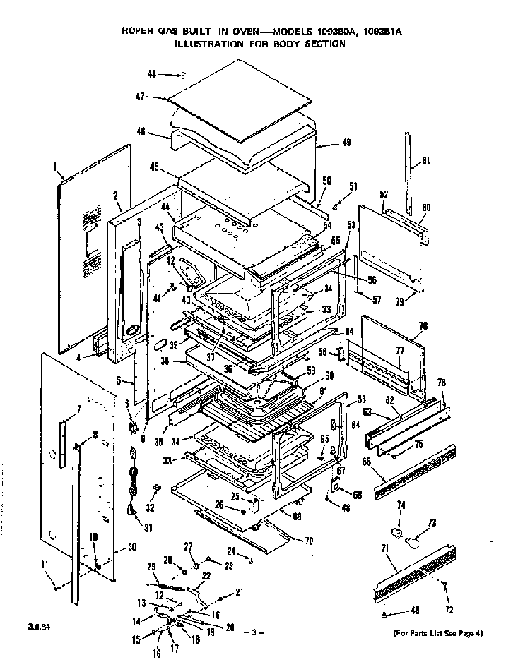 Body Diagram and Parts List for 1093B1A  Roper Wall Oven