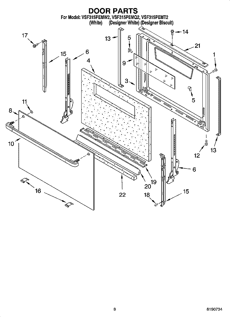 DOOR PARTS, MISCELLANEOUS PARTS Diagram and Parts List for VSF315PEMT2  Whirlpool Range