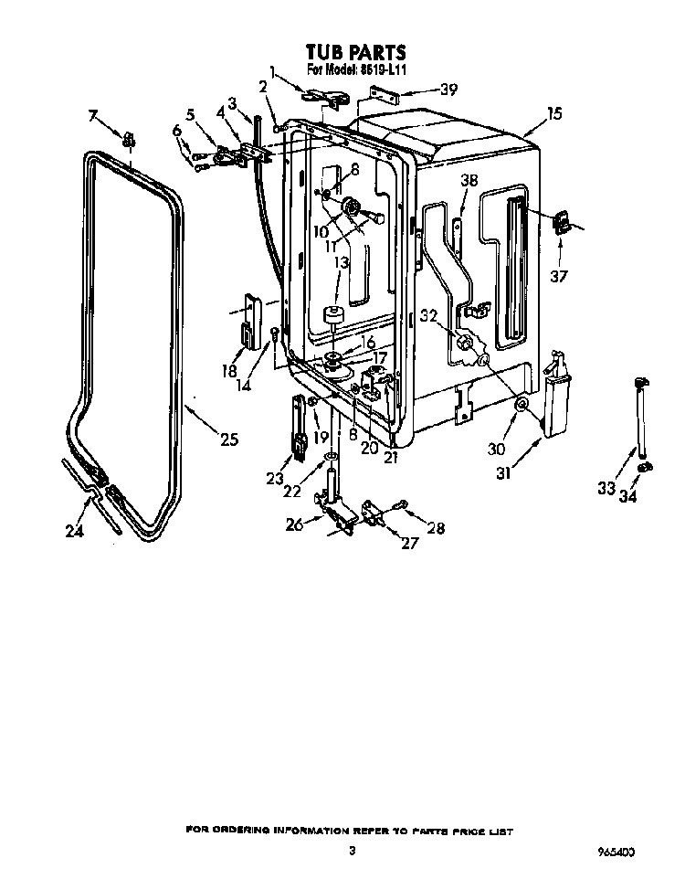 Tub Diagram and Parts List for 8519L11  Roper Dishwasher