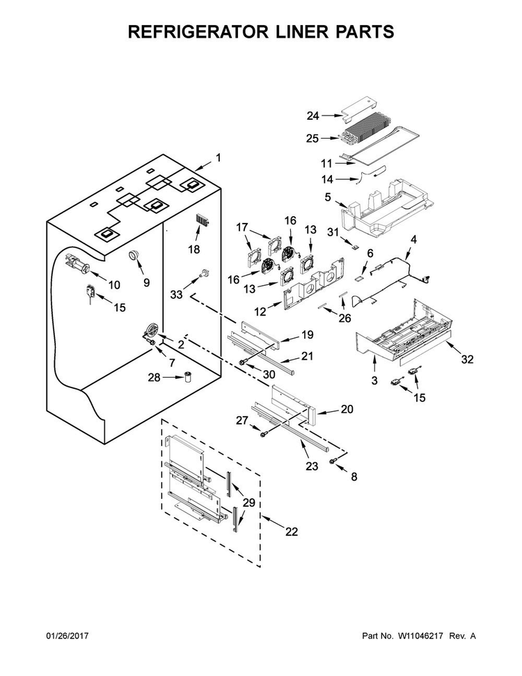 Refrigerator Liner Parts Diagram and Parts List for KBFN402ESS02  KitchenAid Refrigerator