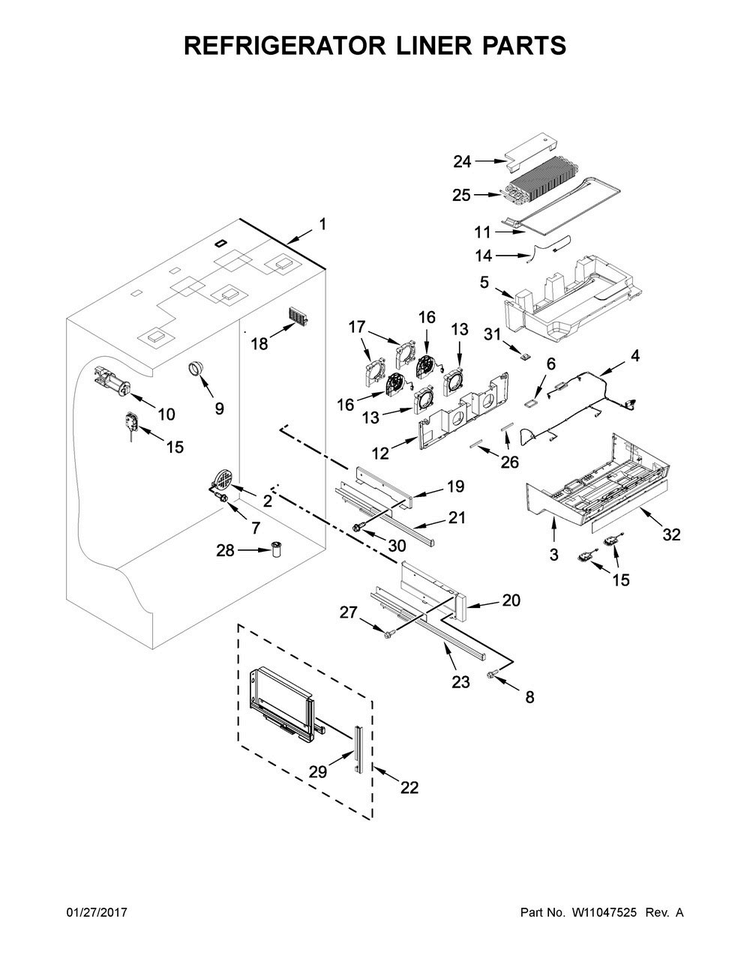 Refrigerator Liner Parts Diagram and Parts List for KBBR306EPA01  KitchenAid Refrigerator