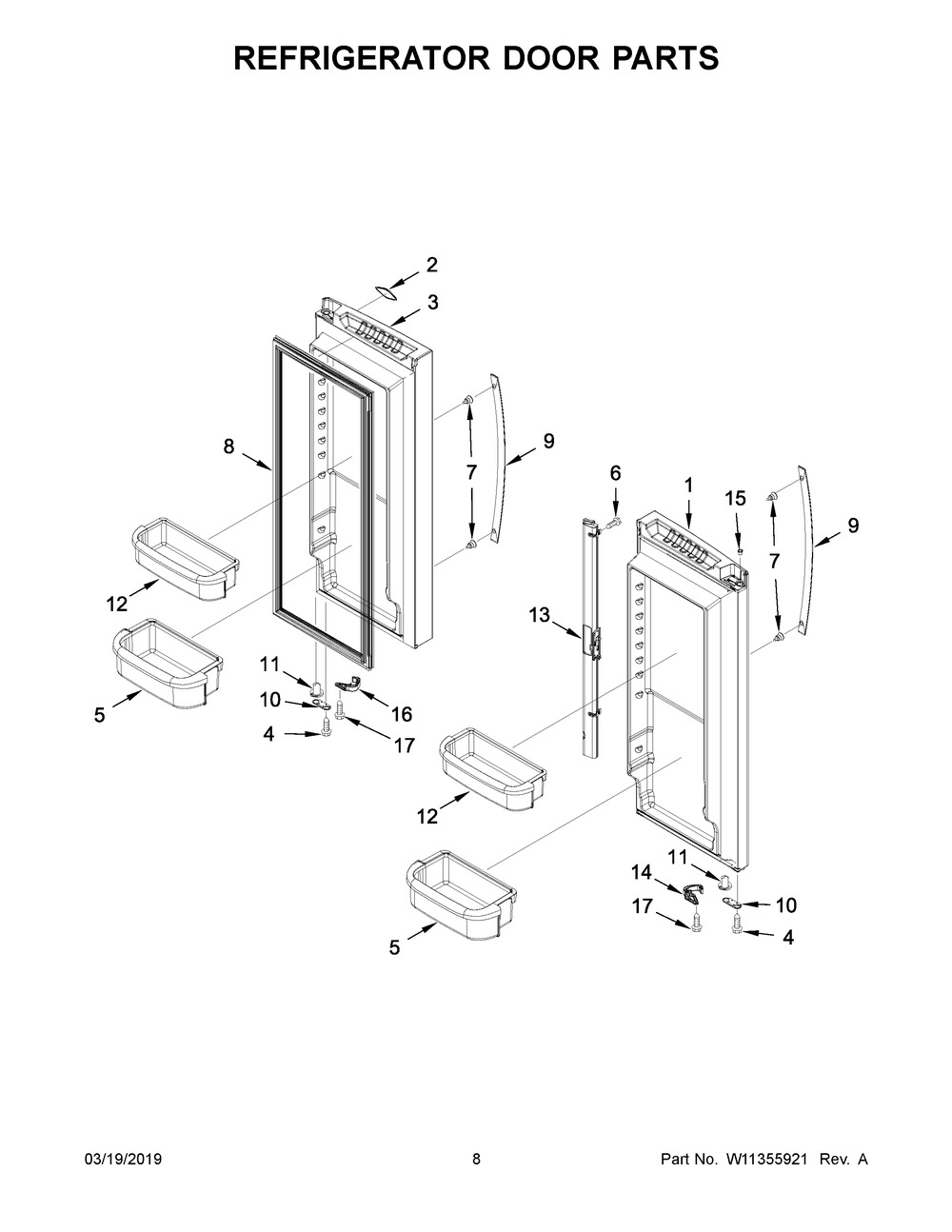 Refrigerator Door Parts Diagram and Parts List for WRF540CWHB01  Whirlpool Refrigerator