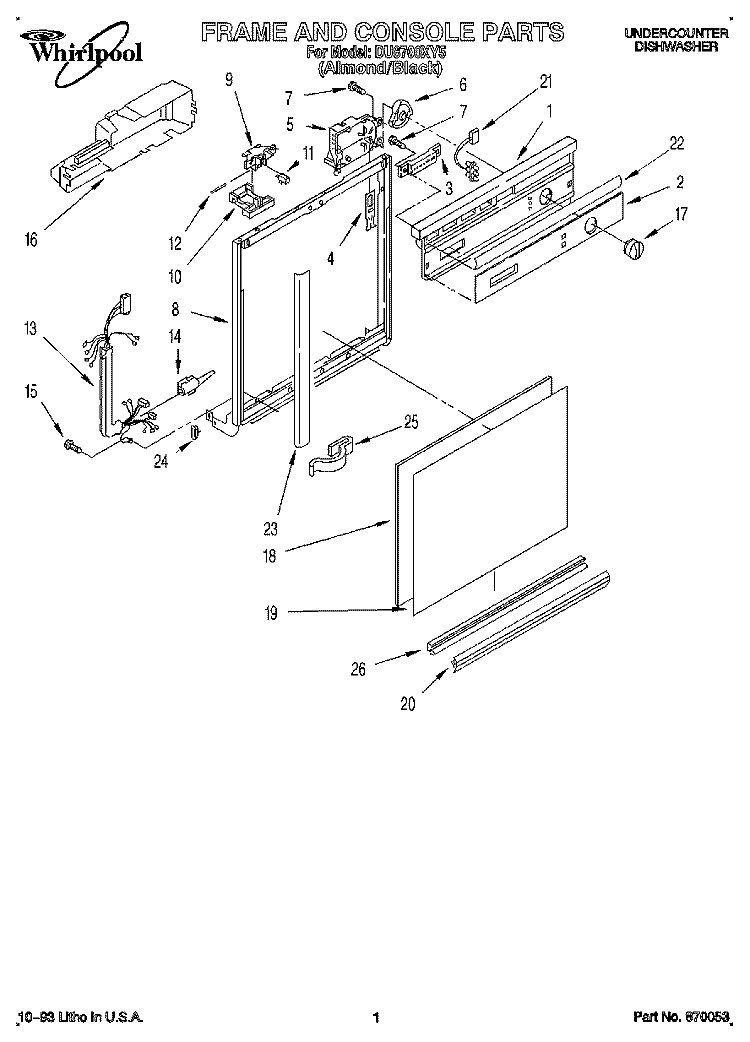 FRAME AND CONSOLE Diagram and Parts List for DU8700XY5  Whirlpool Dishwasher