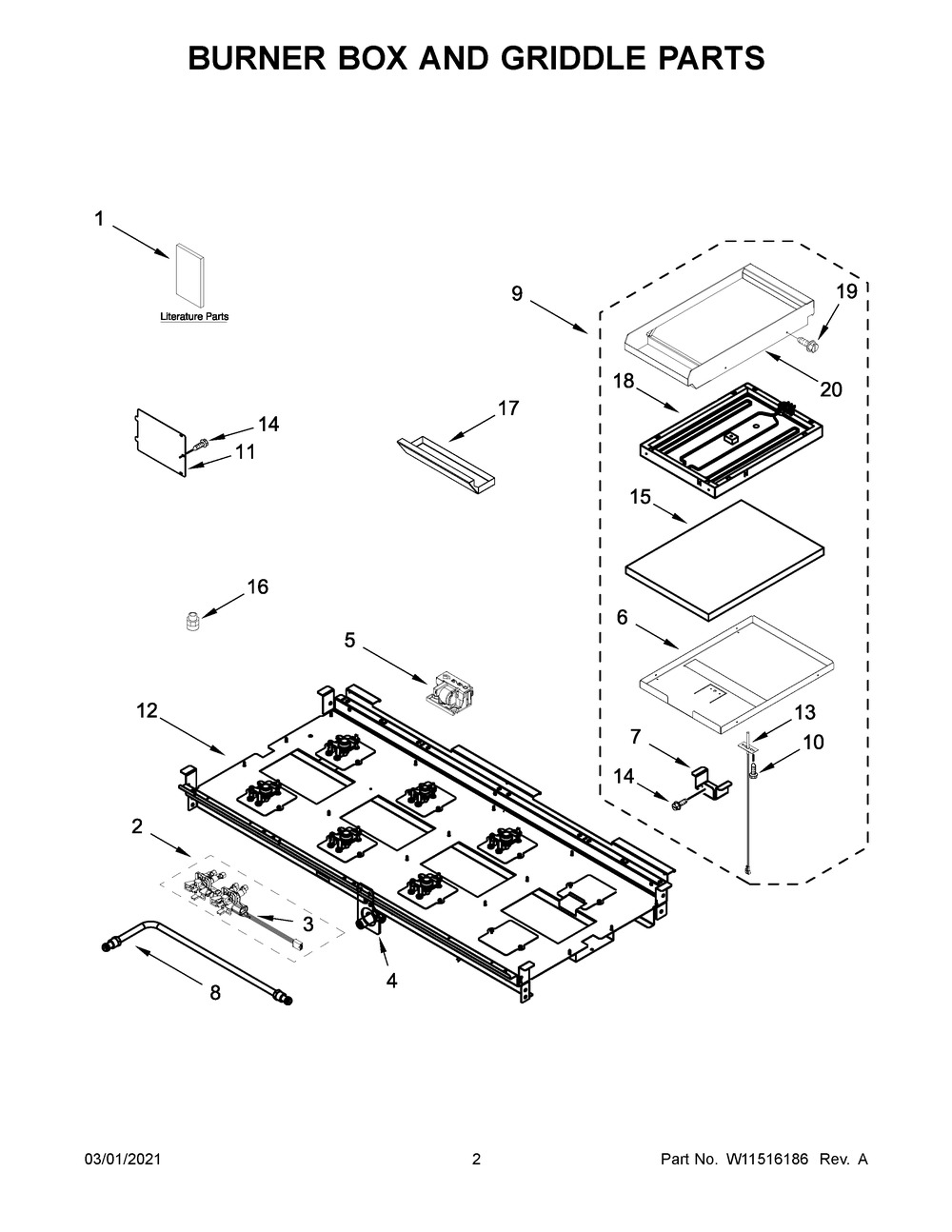Burner Box And Griddle Parts Diagram and Parts List for JDRP548HM01  Whirlpool Range