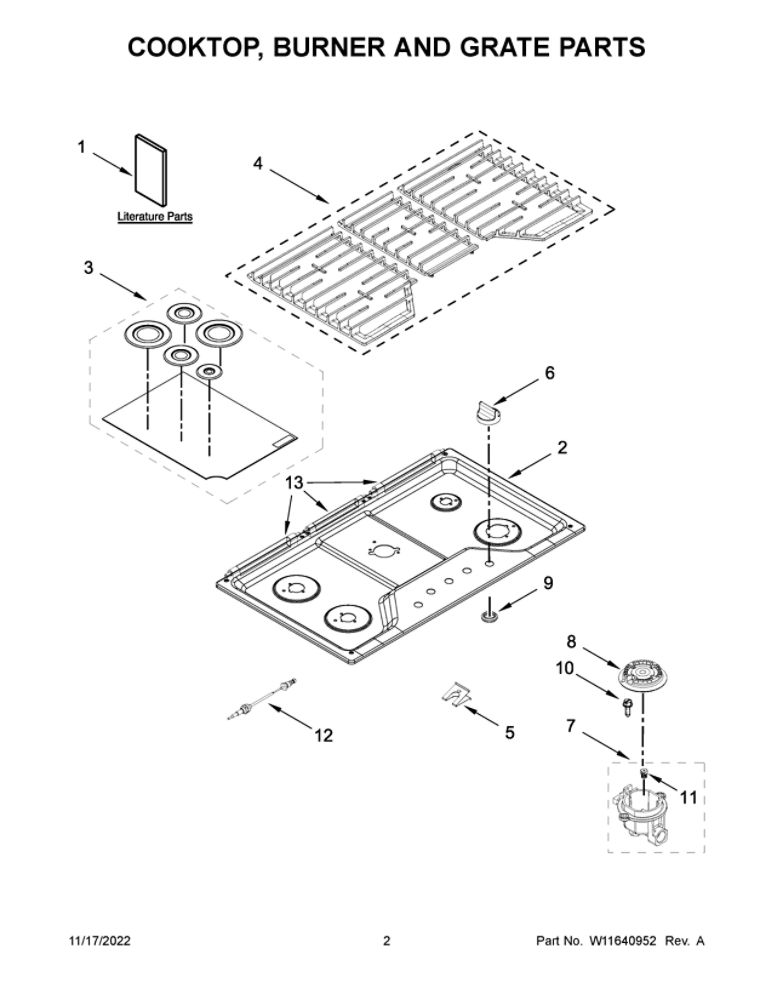 Cooktop, Burner And Grate Parts Diagram and Parts List for WCG55US6HB05  Whirlpool Cooktop