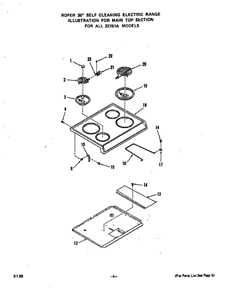 Main Top Diagram and Parts List for 2276*1A  Roper Range