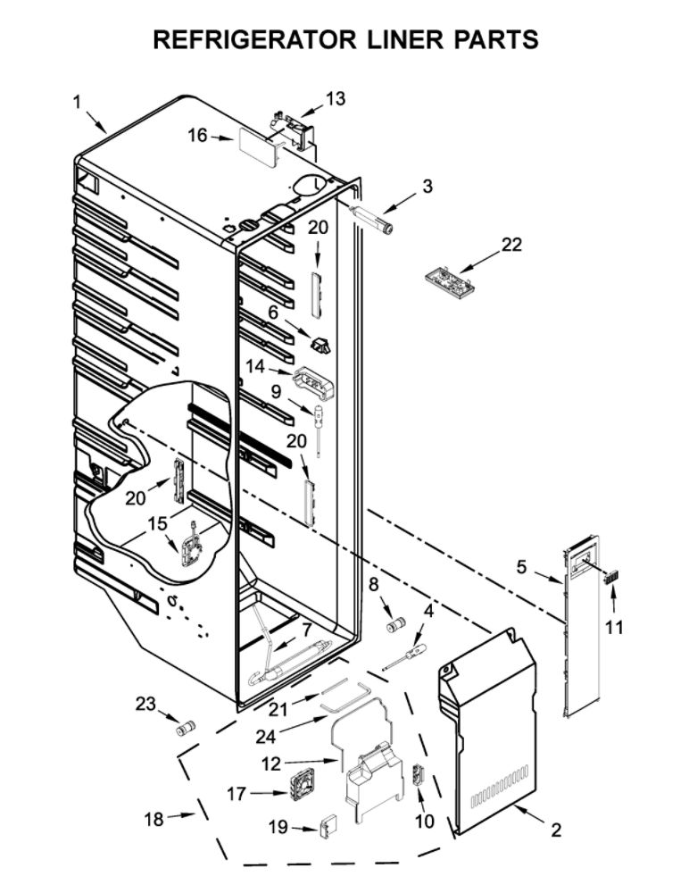 Refrigerator Liner Parts Diagram and Parts List for WRS970CIHZ00  Whirlpool Refrigerator