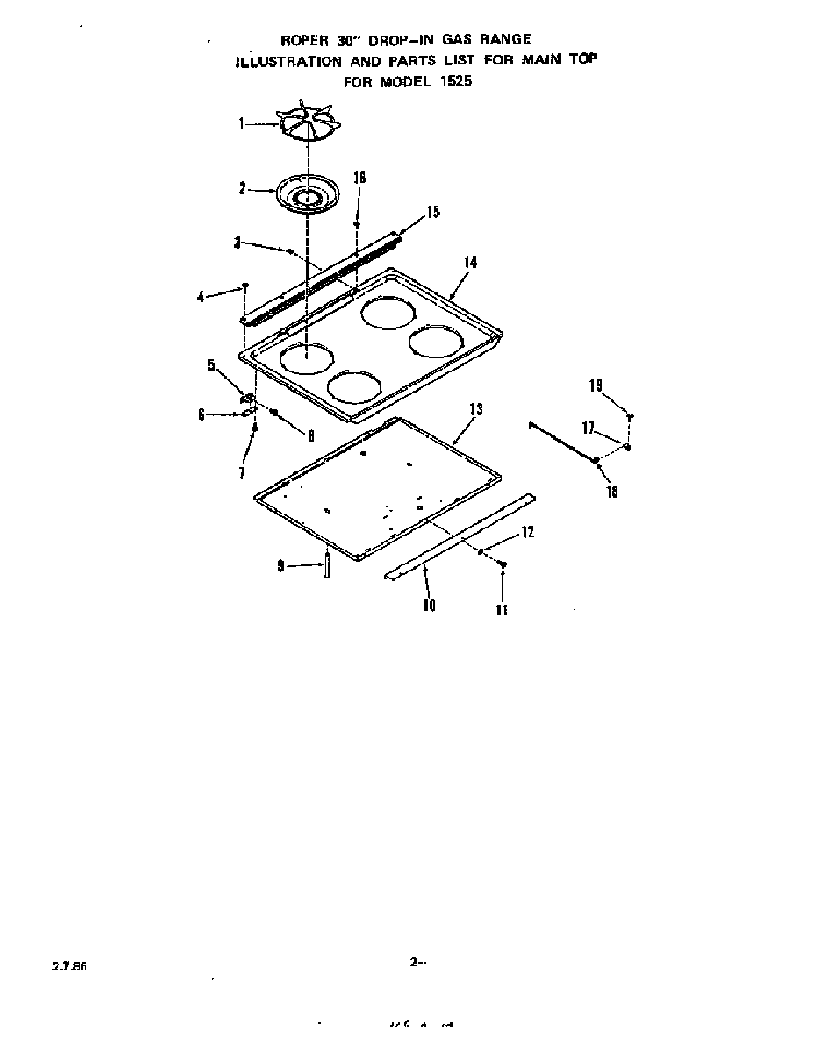 Main Top Diagram and Parts List for 1525*3A  Roper Range