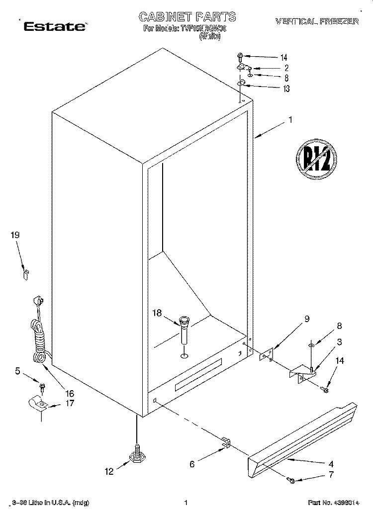 CABINET, LIT/OPTIONAL Diagram and Parts List for TVF15NRGW00  Whirlpool Freezer