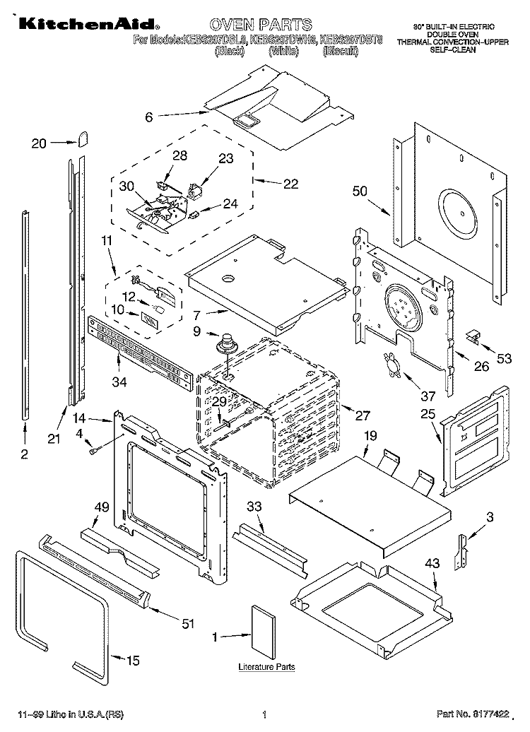 OVEN, LITERATURE Diagram and Parts List for KEBS207DWH8  KitchenAid Wall Oven