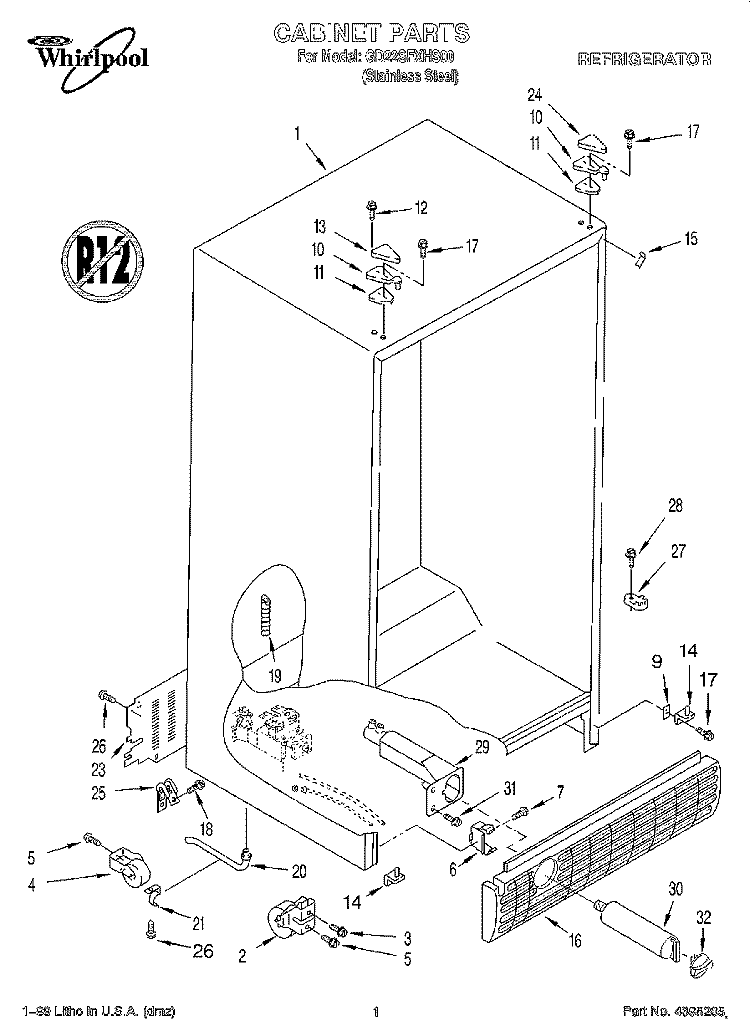 CABINET Diagram and Parts List for GD22SFXHS00  Whirlpool Refrigerator