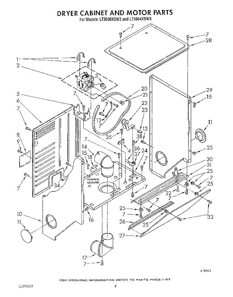 DRYER CABINET AND MOTOR Diagram and Parts List for LT5000XSW3  Whirlpool Washer Dryer Combo