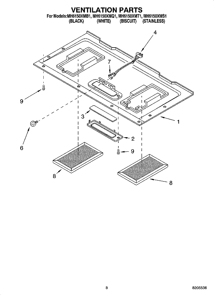 VENTILATION PARTS Diagram and Parts List for MH6150XMS1  Whirlpool Microwave