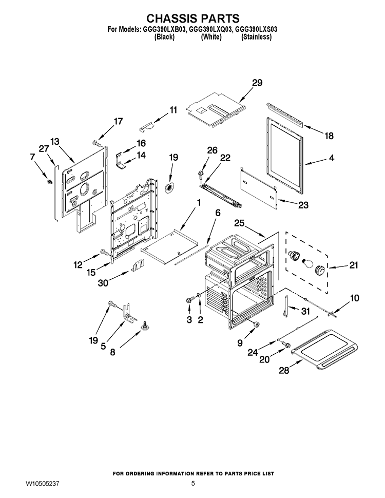 CHASSIS PARTS Diagram and Parts List for GGG390LXB03  Whirlpool Range