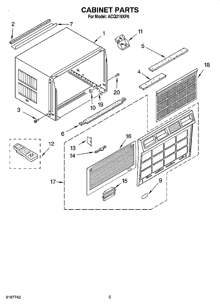 CABINET PARTS Diagram and Parts List for ACQ219XP0  Whirlpool Air Conditioner