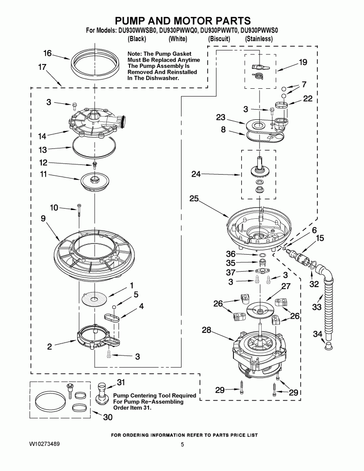 PUMP AND MOTOR PARTS Diagram and Parts List for DU930PWWS0  Whirlpool Dishwasher