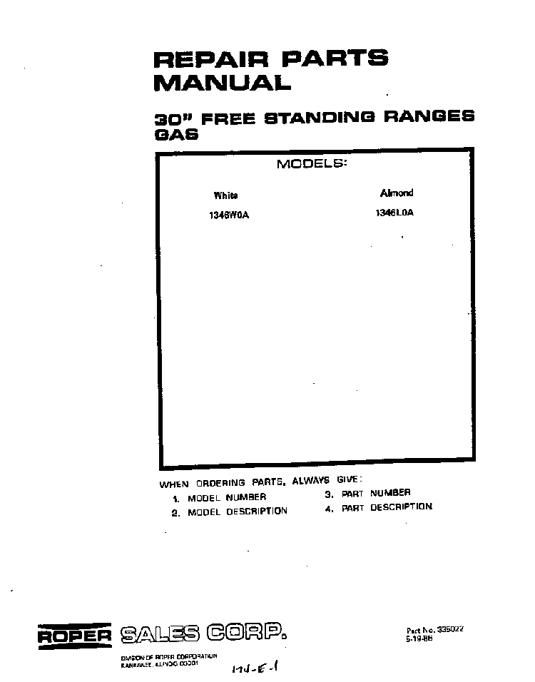 Cover Page-text Only Diagram and Parts List for 1346*0A  Roper Range