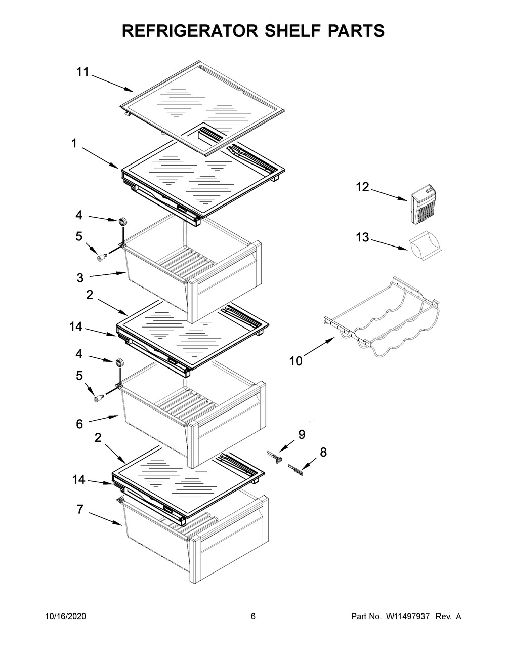 Refrigerator Shelf Parts Diagram and Parts List for KRSF705HBS01  Whirlpool Refrigerator