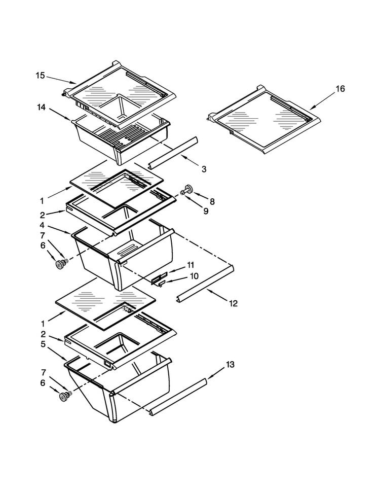 Refrigerator Shelf Parts Diagram and Parts List for 5WRS25FDBF02  Whirlpool Refrigerator
