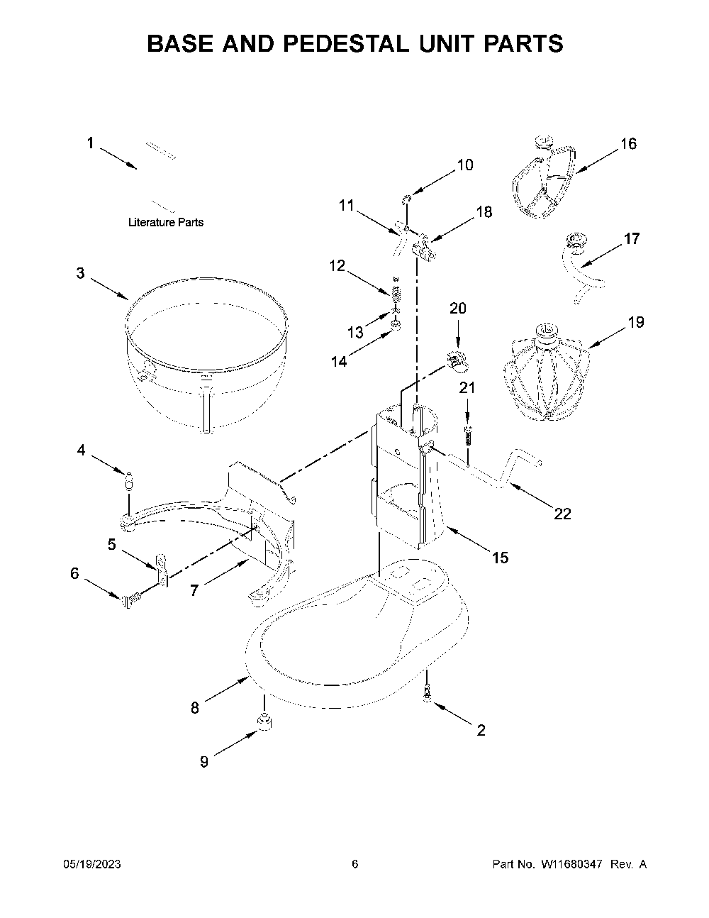 Base And Pedestal Unit Parts Diagram and Parts List for 5KSM55SXXTER0  KitchenAid Mixer