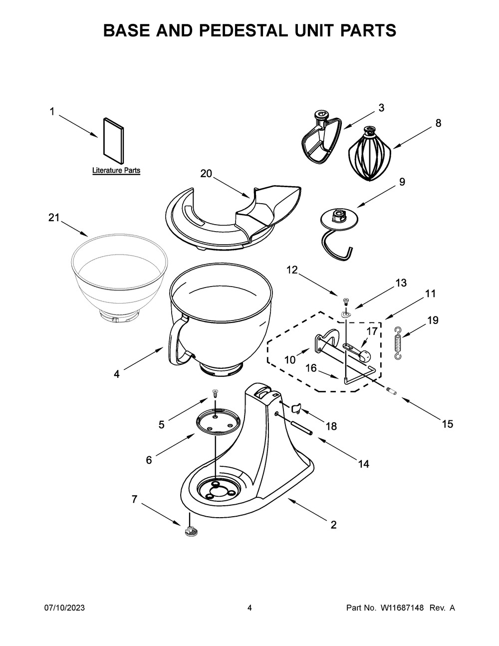 Base And Pedestal Unit Parts Diagram and Parts List for 5KSM185PSEKG5  KitchenAid Mixer