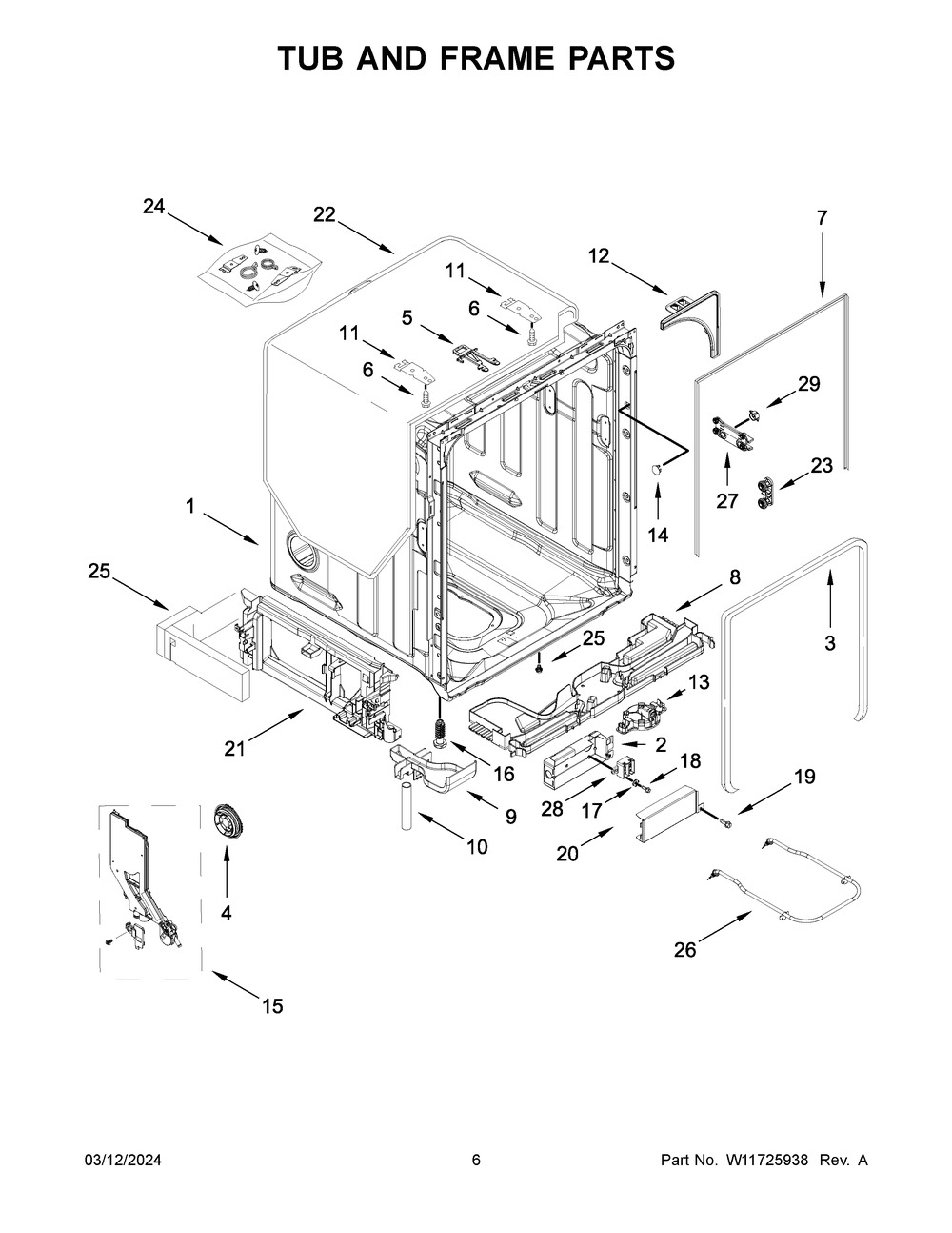 Tub And Frame Parts Diagram and Parts List for WDT970SAKV3  Whirlpool Dishwasher