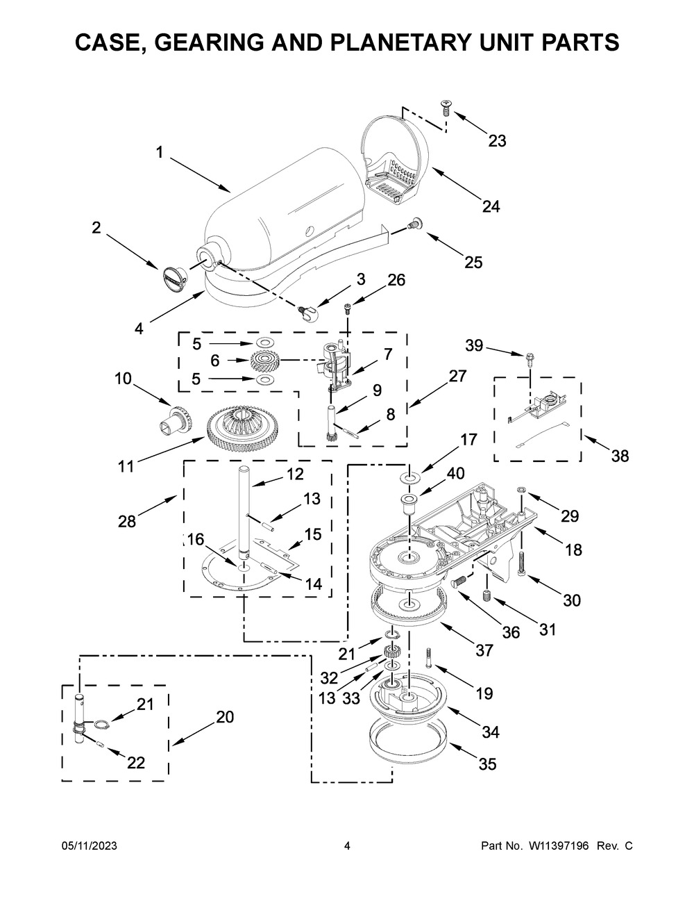 Case, Gearing And Planetary Unit Parts Diagram and Parts List for 5KSM125EIB4  KitchenAid Mixer
