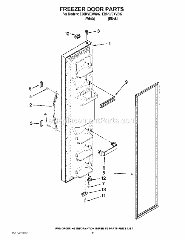 Freezer Door Parts Diagram and Parts List for ED5KVEXVB07  Whirlpool Refrigerator