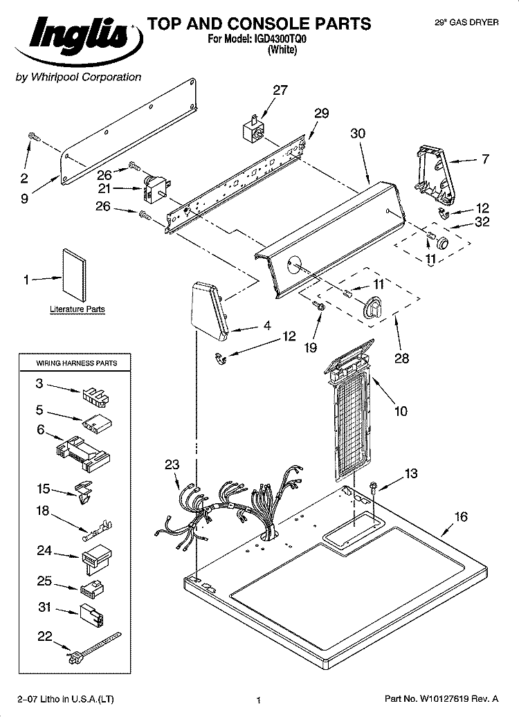 TOP AND CONSOLE PARTS Diagram and Parts List for IGD4300TQ0  Inglis Dryer