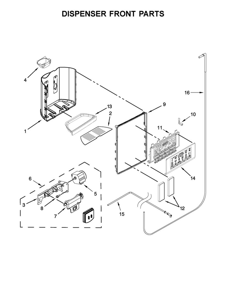Dispenser Front Parts Diagram and Parts List for WRS586FIEM03  Whirlpool Refrigerator