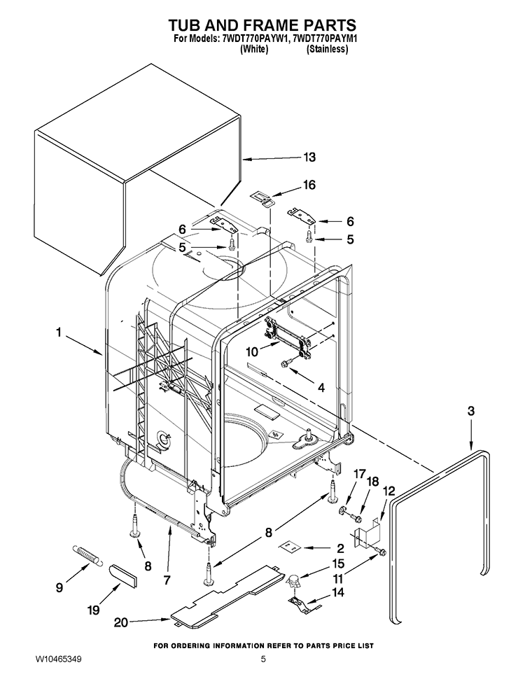 TUB AND FRAME PARTS Diagram and Parts List for 7WDT770PAYM1  Whirlpool Dishwasher
